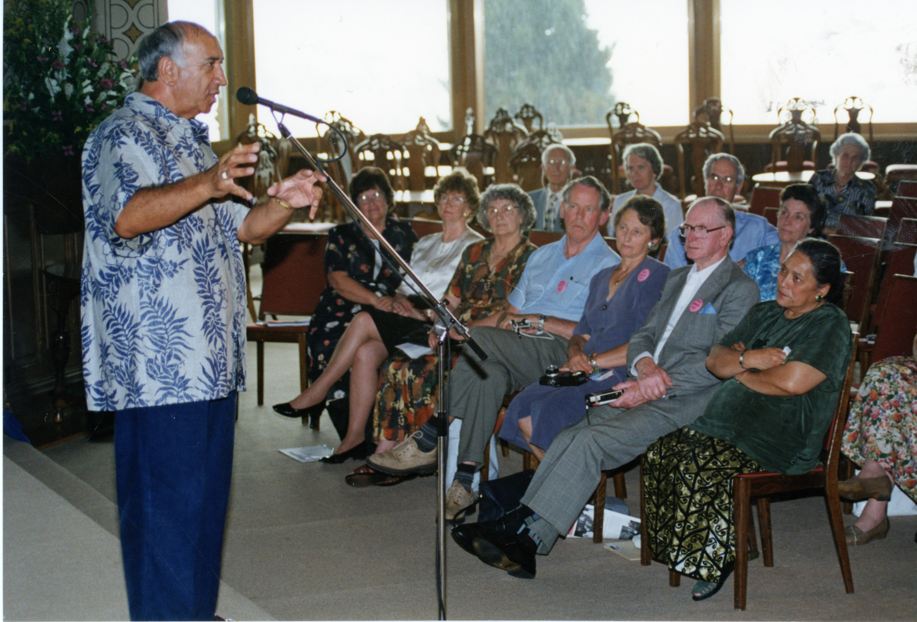 Maori Queen 4:  Prof. Timoti Karetu leads a seminar in Caux. Right: the Queen, second left, Mrs Joan Bolger.