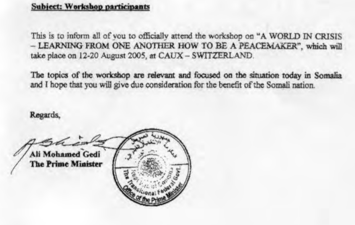 Somalia Prime Minister letter 2005