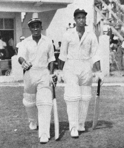 Conrad Hunte (left) and Gary Sobers walk out to bat against Pakistan 1958
